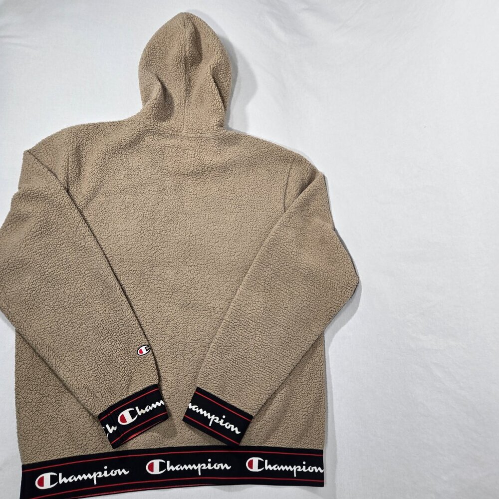 Y2K CHAMPION Streetwear TAN Spell Out Teddy Half Zip Sherpa Hoodie Men's Size L. - Picture 5 of 17
